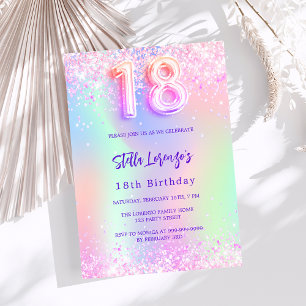 Holografisk rosa lila 18 födelsedag inbjudningar