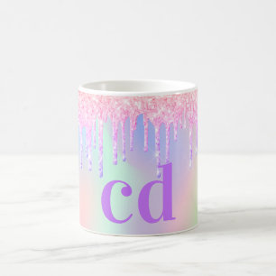 Holografisk rosa lila droppar monogram kaffemugg