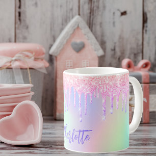 Holografisk rosa lila droppar namn kaffemugg