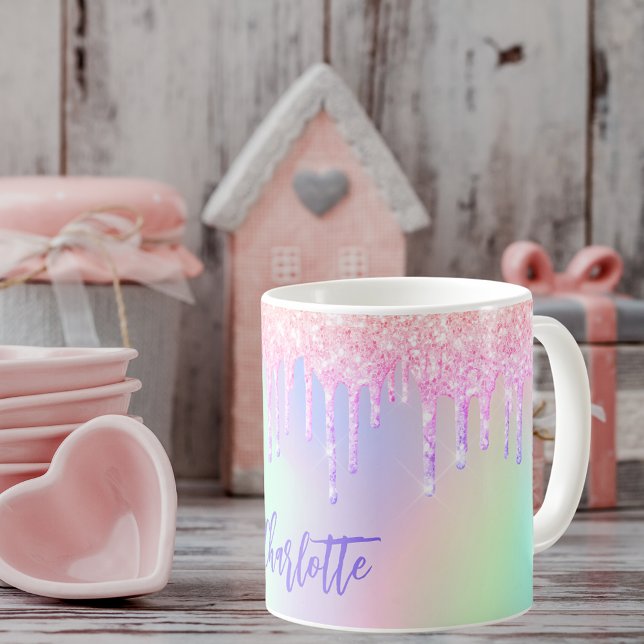 Holografisk rosa lila droppar namn kaffemugg (Skapare uppladdad)