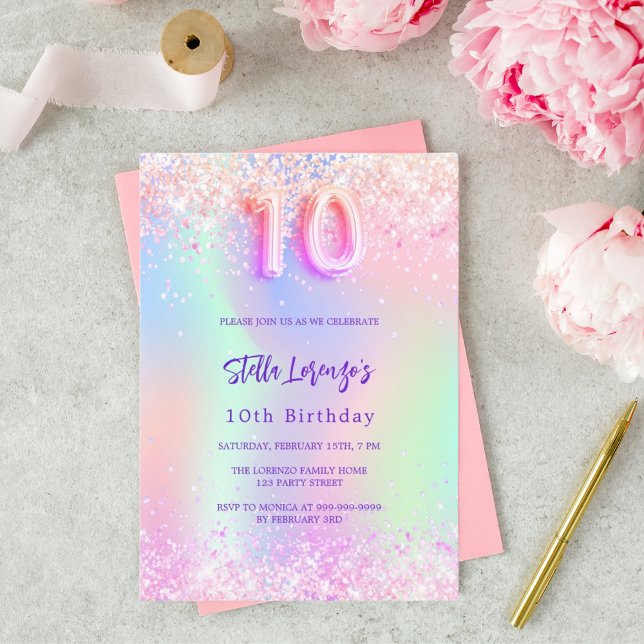 Holografisk rosa lila drops 10-årsdag inbjudningar (Skapare uppladdad)
