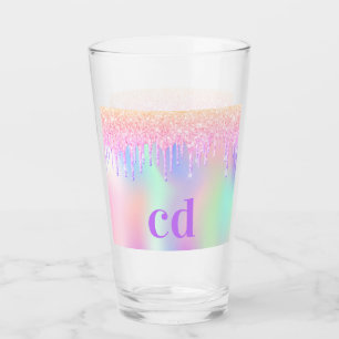 Holografisk rosa lila glitter droppar monogram glaskopp