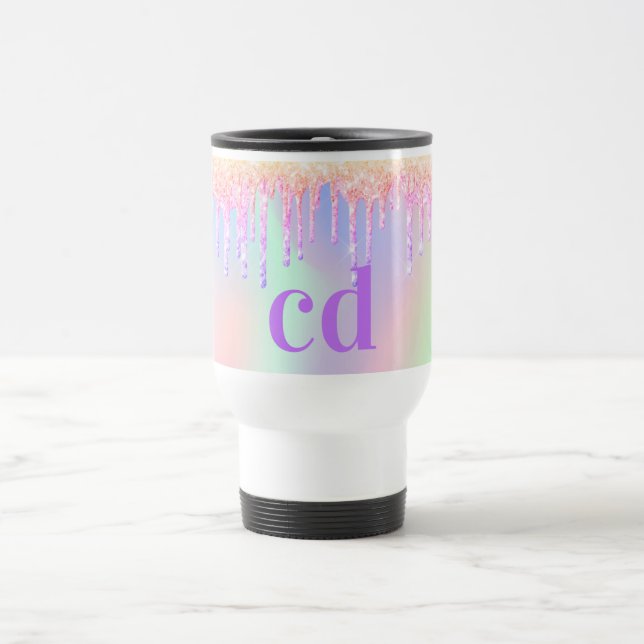 Holografisk rosa lila glitter droppar monogram resemugg (Center)