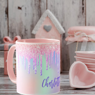 Holografisk rosa lila glitter droppar namn mugg
