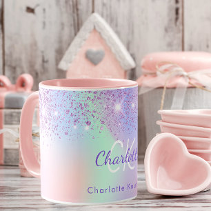 Holografisk rosa lila glitter mynta monogram mugg