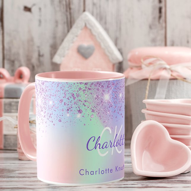 Holografisk rosa lila glitter mynta monogram mugg (Skapare uppladdad)