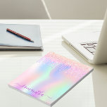 Holografisk rosa lila glitter namn anteckningsblock<br><div class="desc">Rosa, lila, holografisk grönt vid mynta. Dekoreras med rosa faux glitter-droppar. Anpassa och lägg till ditt namn. Namn är skrivet med ett modernt handskript i stil med dekorationer. Om du bara vill behålla utslagen tar du bort exemplet namn lämnar du blankstegen eller symbolerna framför och efter namn. Namn är skrivet...</div>