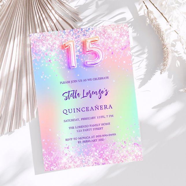 Holografisk rosa lila glitter Quinceanera Inbjudningar (Skapare uppladdad)
