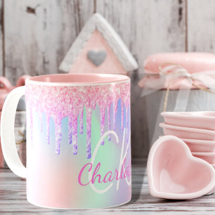 Holografisk rosa lila mint grönt namn kaffemugg