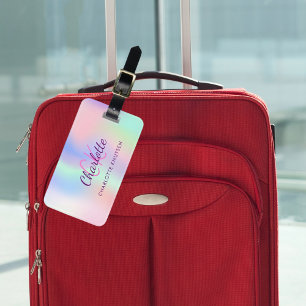 Holografisk rosa lila monogram namn bagagebricka