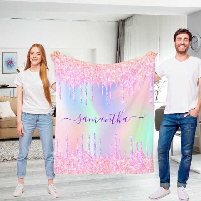 Holografisk rosa lila monogram-skriptdroppar fleecefilt (Skapare uppladdad)