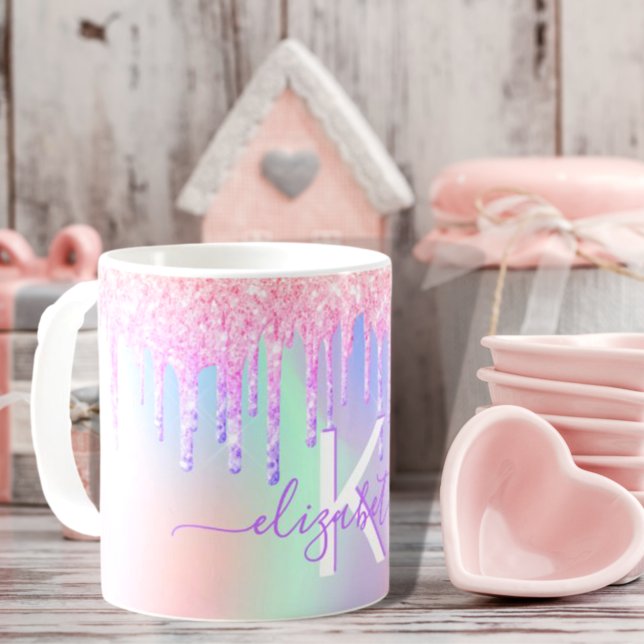 Holografisk rosa lila namn monogram kaffemugg (Skapare uppladdad)