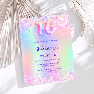 Holografisk rosa lila Sweet 16 budgetinbjudan
