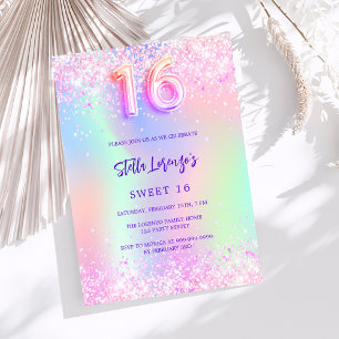 Holografisk rosa lila Sweet 16 Inbjudningar