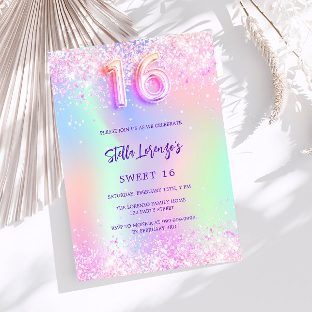 Holografisk rosa lila Sweet 16 Inbjudningar (Skapare uppladdad)