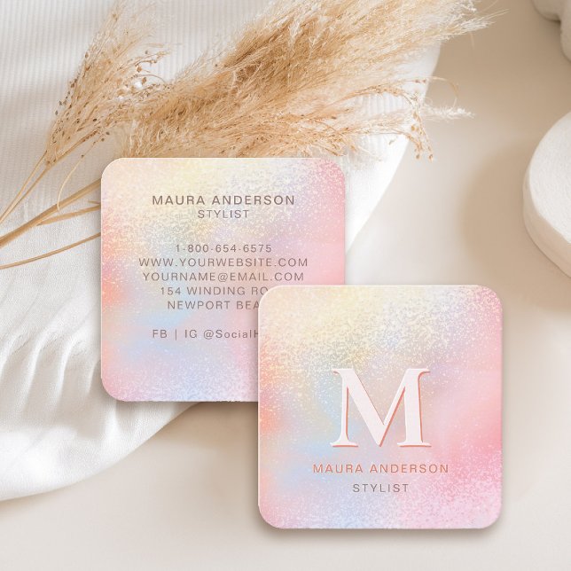 Holografisk  Rosa Modern Monogram-Elegant Fyrkantigt Visitkort (holographic business card square pink blush monogram hairdresser stylist artist lash nails makeup)