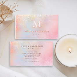 Holografisk Rosa Modern Monogram-Elegant Visitkort