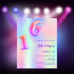 Holografisk rosa neon Sweet 16 budgetinbjudan