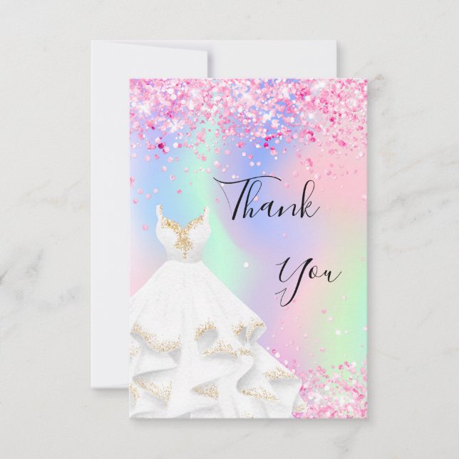 Holografisk rosa, vit klänning tack kort (Framsida)