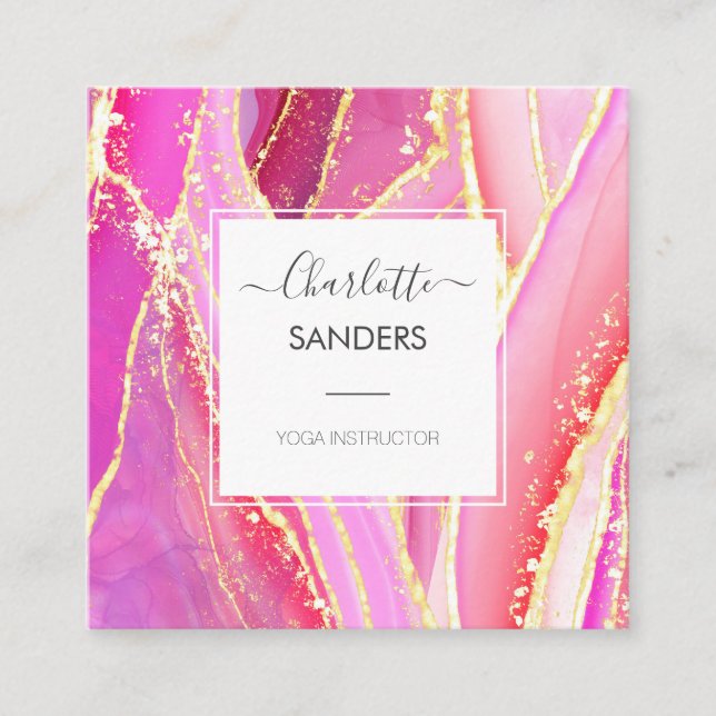 Holografisk Rosa Watercolor Guld Splatter Fyrkantigt Visitkort (Framsida)