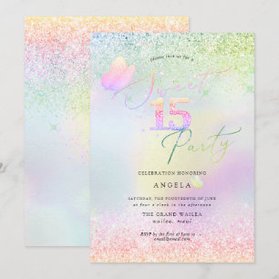 Holografisk Sweet 15 Rosa Diamantglitter Inbjudningar