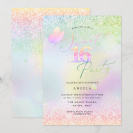 Holografisk Sweet 16 Rosa Diamant Glitter Inbjudningar