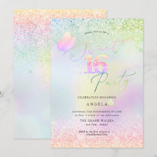 Holografisk Sweet 16 Rosa Diamant Glitter Inbjudningar