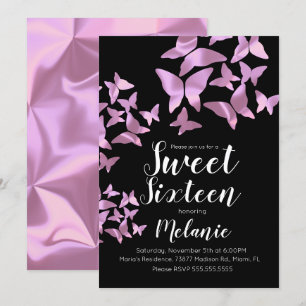 Holografiska fjärilar Rosa Sweet Sixteen-fest Inbjudningar