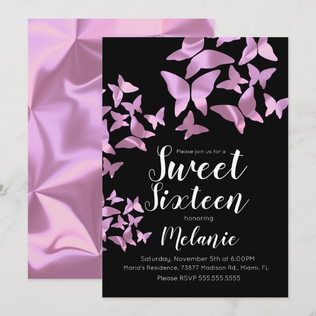 Holografiska fjärilar Rosa Sweet sixteen Party Inbjudningar (Fram/baksida)