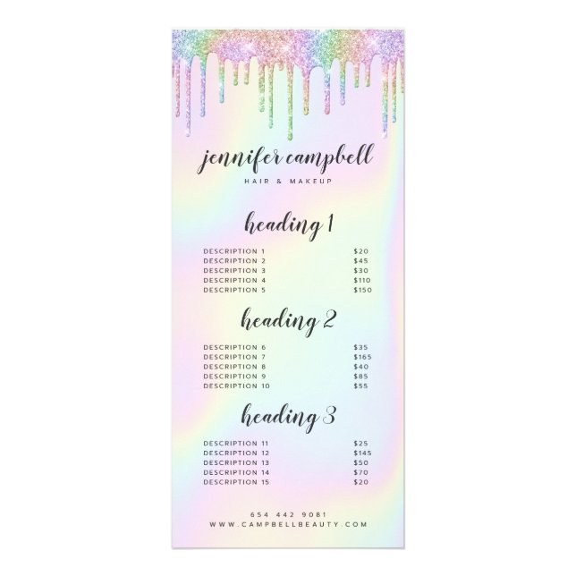 Holografiska glitter-droppar, servermeny för glam  reklamkort (Framsidan)