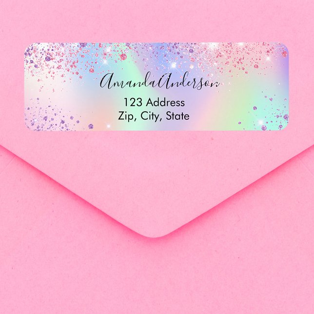 Holografiska rosa lila glitter returadress etikett (Skapare uppladdad)