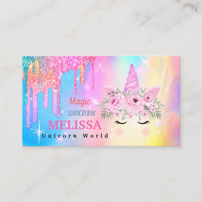Holografiska Unicorn Flowers Glitter Visitkort (Framsida)