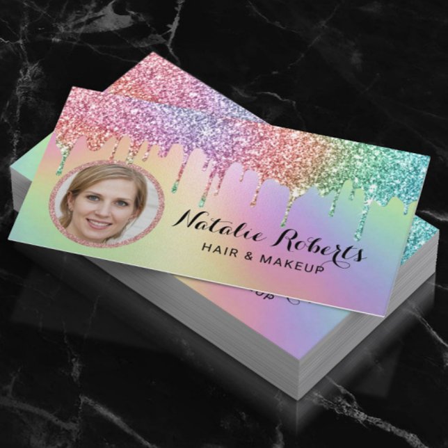 Holografiska Unicorn Glitter Drips Beauty Photo Visitkort (Skapare uppladdad)