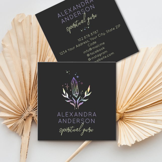 Holografiskt Andlig Crystals Mystic Black Fyrkantigt Visitkort (Holographic Spiritual Crystals Mystic Black Square Business Card)