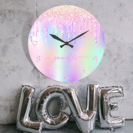 Holografiskt encorn glitter drop rainbow monogram stor klocka