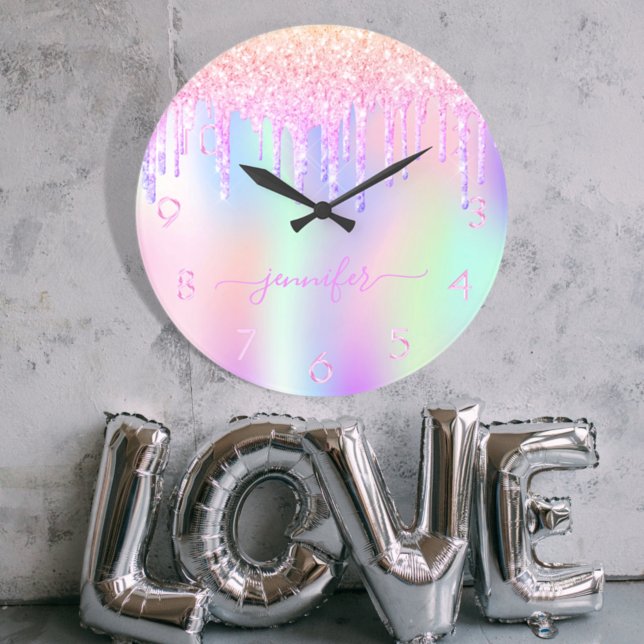 Holografiskt encorn glitter drop rainbow monogram stor klocka (Skapare uppladdad)
