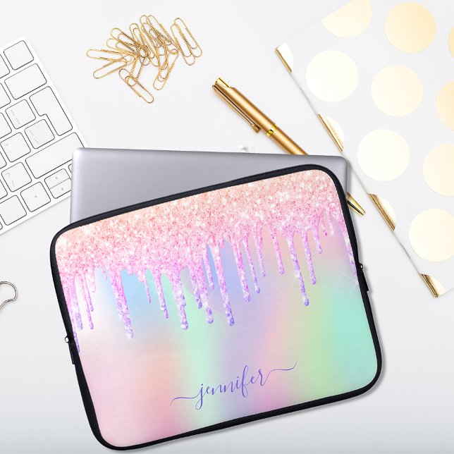 Holografiskt encorn glitter rainbow monogram glam laptop fodral (Skapare uppladdad)