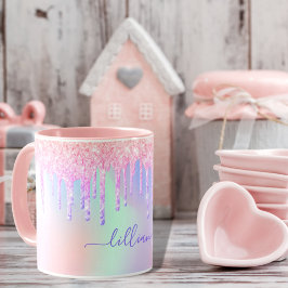 Holografiskt encorn glitter rainbow monogram mugg