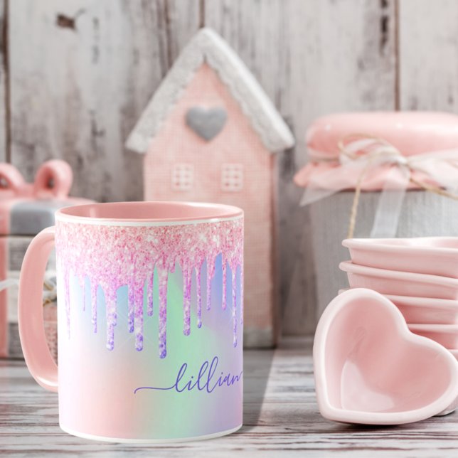 Holografiskt encorn glitter rainbow monogram mugg (Skapare uppladdad)