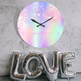 Holografiskt encorn glitter rainbow monogram stor klocka