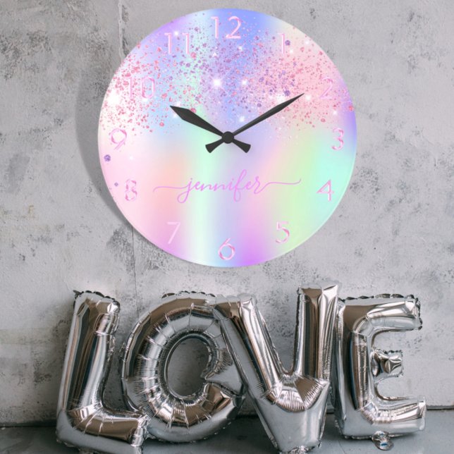 Holografiskt encorn glitter rainbow monogram stor klocka (Skapare uppladdad)