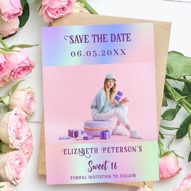 Holografiskt fotoskript för rosa lila Sweet 16 Spara Datumet (Skapare uppladdad)