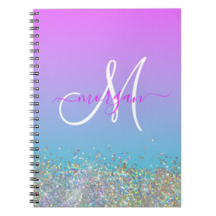 Holografiskt Glitter Lila Blue Ombre Monogram Anteckningsbok