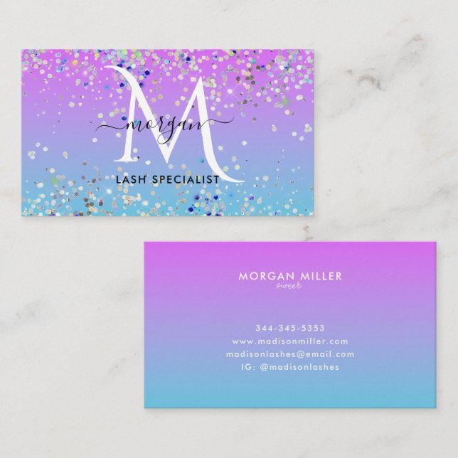 Holografiskt Glitter Lila Blue Ombre Monogram Visitkort (Fram/baksida)