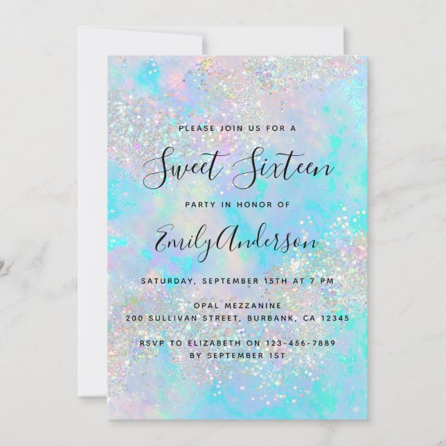 Holografiskt Glitter Opal Iridescent Sweet sixteen Inbjudningar (Framsida)