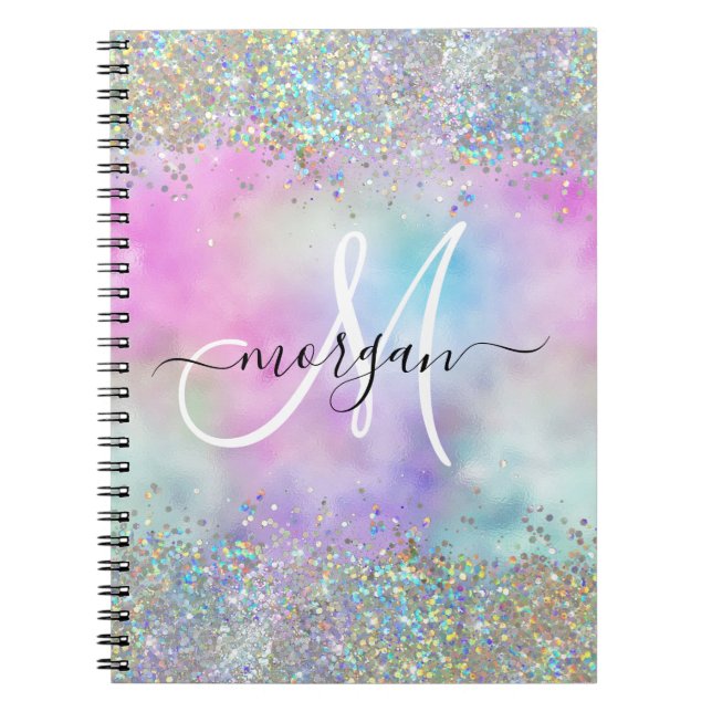 Holografiskt Glitter Rainbow Pastels Monogram Anteckningsbok (Framsidan)