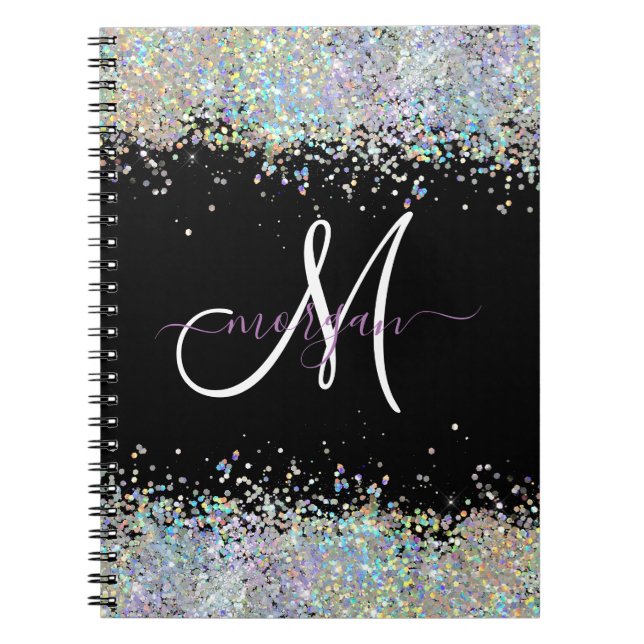 Holografiskt Glitter Rainbow Pastels Monogram Anteckningsbok (Framsidan)
