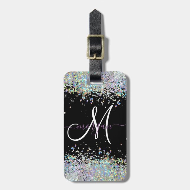 Holografiskt Glitter Rainbow Pastels Monogram Bagagebricka (Vertikal Framsida)