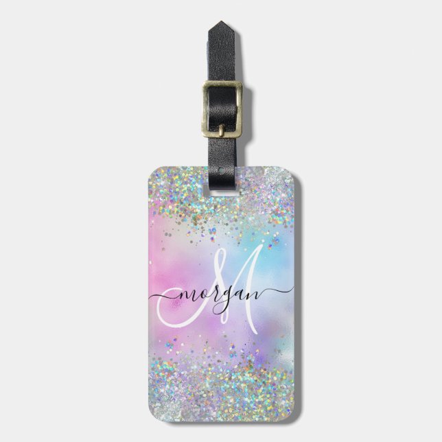 Holografiskt Glitter Rainbow Pastels Monogram Bagagebricka (Vertikal Framsida)