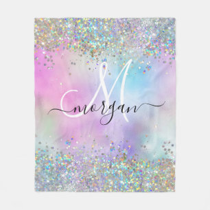 Holografiskt Glitter Rainbow Pastels Monogram Fleecefilt